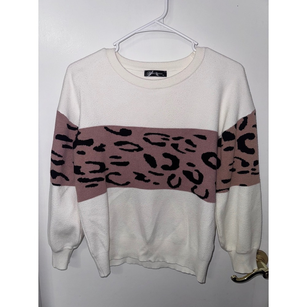 PrettyGarden Womens Leopard Print Colorblock Sweater Mauve Pink White Small